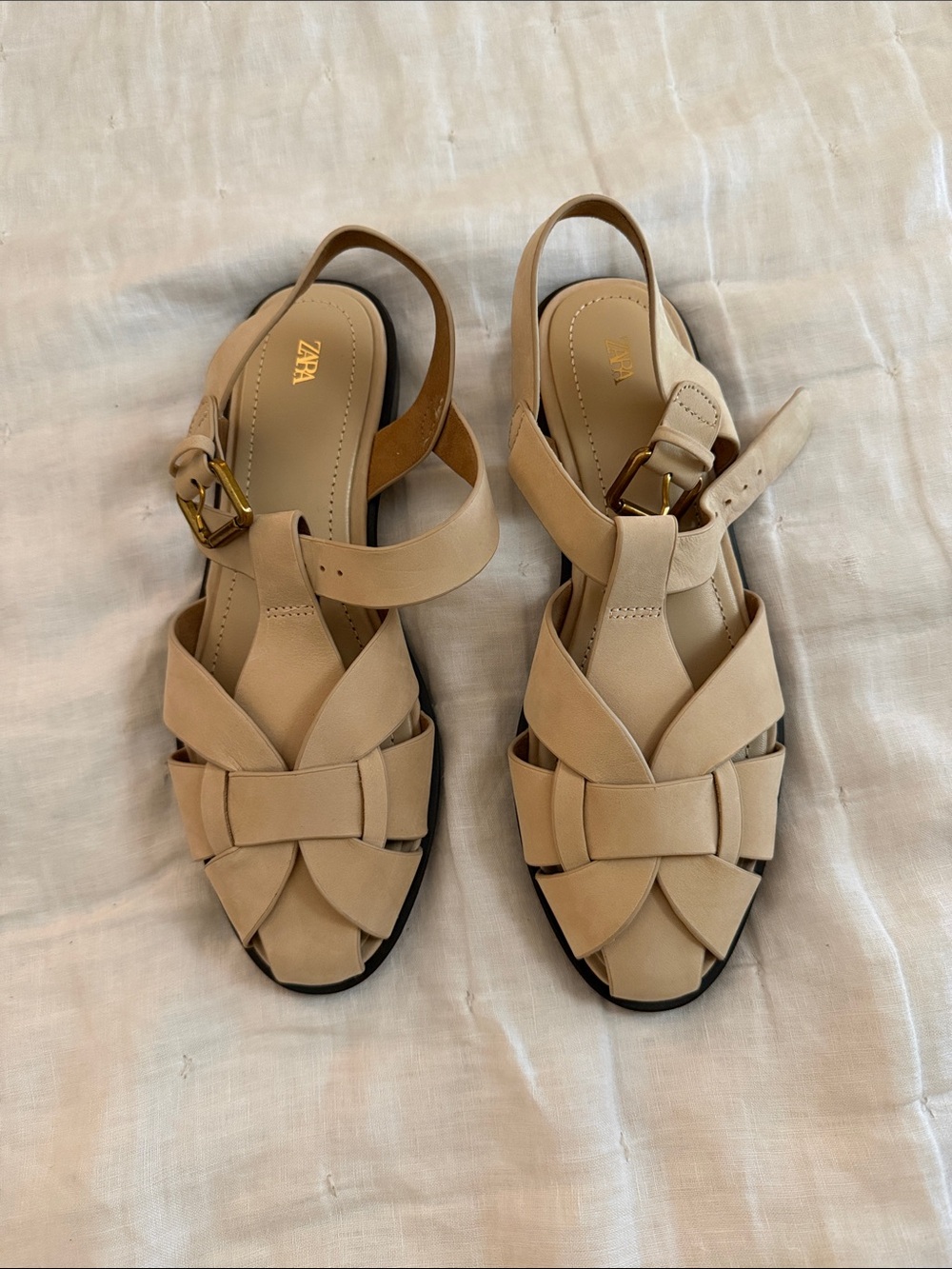 ZARA Women's Nude Braided Slingback Sandals with Gold Buckle